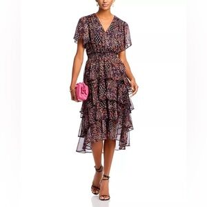 KOKO + MASON V Neck Floral Tiered Metallic Flutter Sleeve Dress Size Large NWT